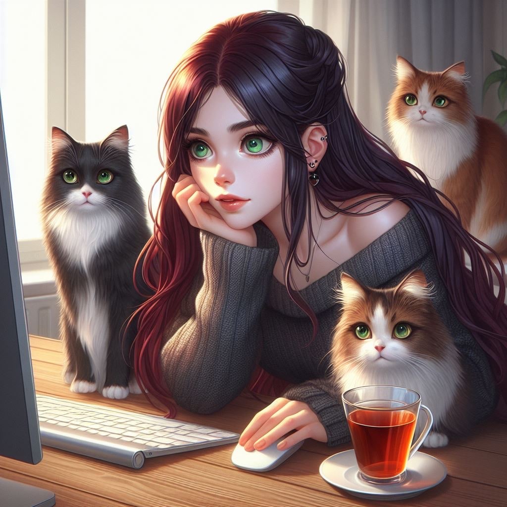 girl sitting at computer with three cats watching what she is doing generated with ai